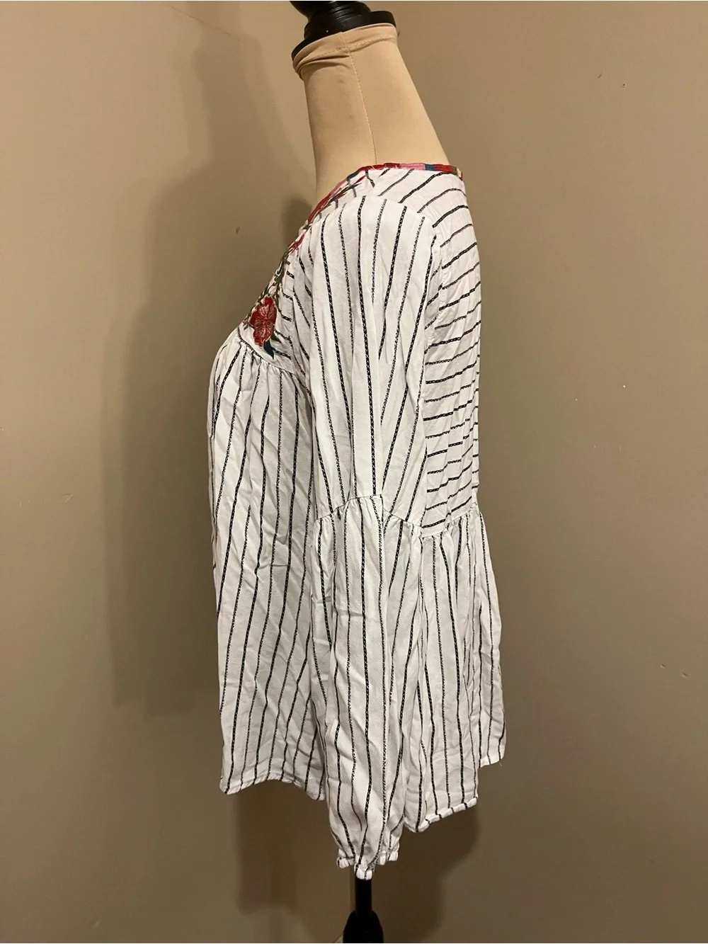 Striped White Peasant Top Embroidered Floral Yoke - White, Med - Picture 5 of 11